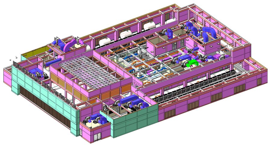 Mô hình BIM Bệnh viện Đa khoa tỉnh – Tầng kỹ thuật và mái: thiết bị điều hòa, quạt